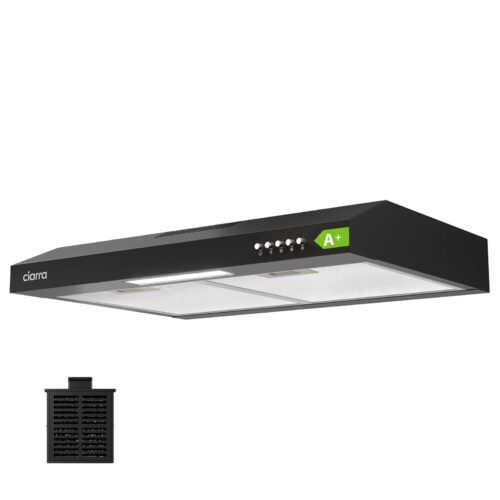 Capucha CIARRA 60cm – Clase A+ – 1* Filtro de carbón – 220m³/h – 3 velocidades – Reciclaje y Evacuación – Campana extractora con tapón – Negra