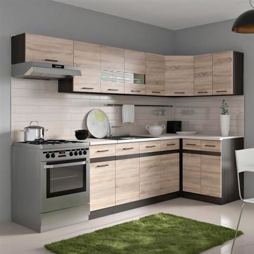 JUNONA Cocina esquinera completa con iluminación LED y encimera L 3m40 – Decoración roble Sonoma